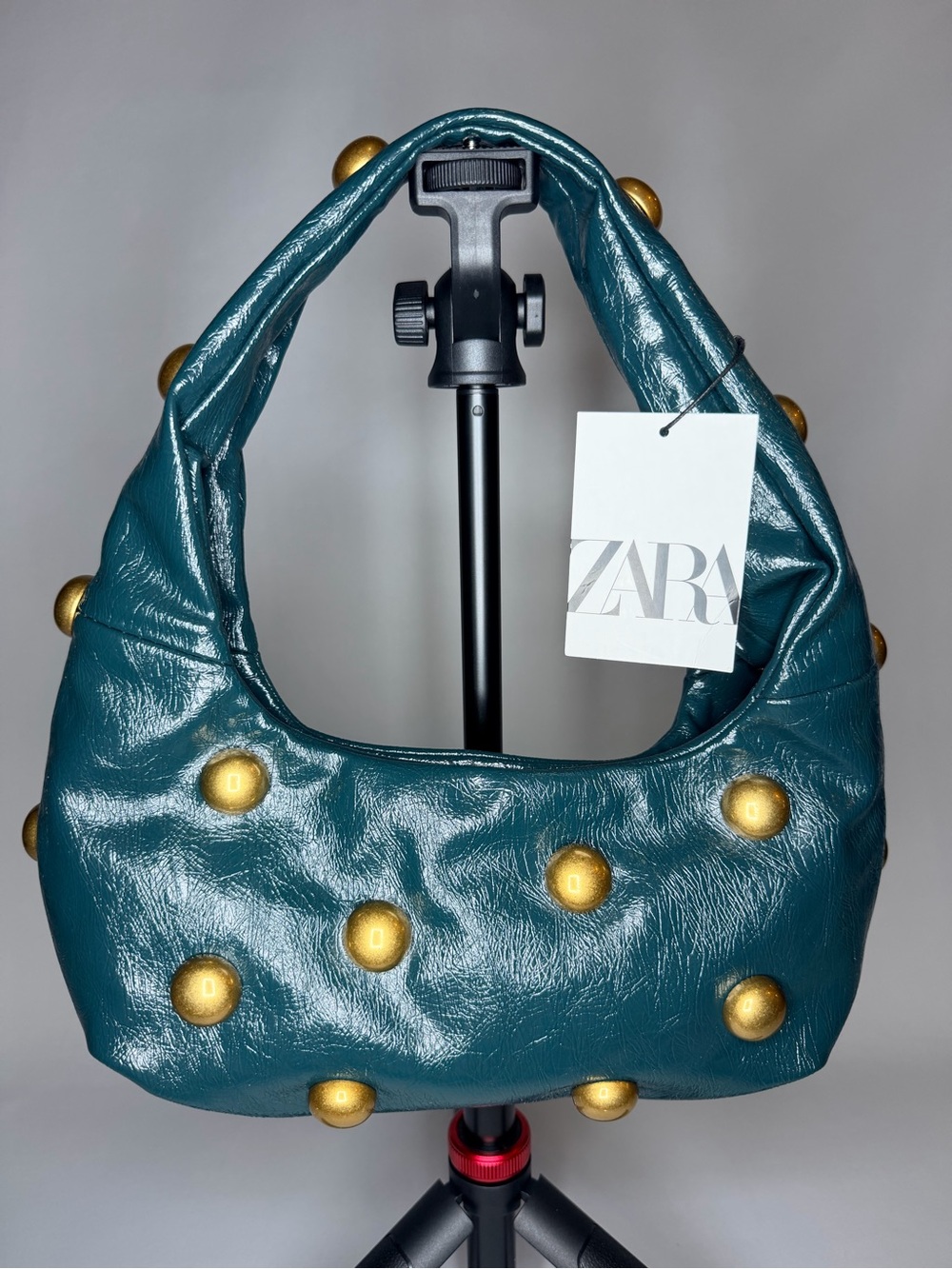 ZARA Emerald Shoulder Bag with Gold Dome Studs